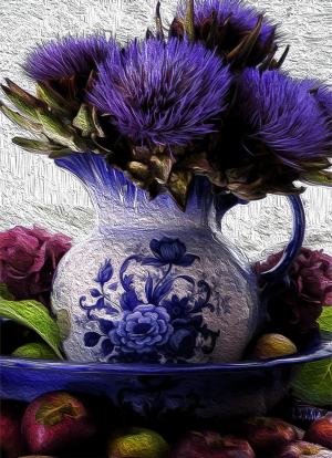 Artichokes, Blue Vase and Lace by Marlene Olson